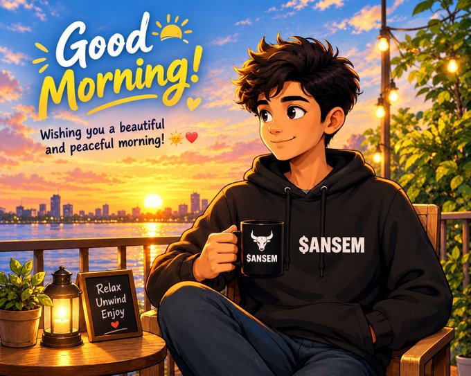 An anime-style "Good Morning!" illustration of a young man in a black "SANSEM" hoodie holding a mug, with text reading "Wishing you a beautiful and peaceful morning!" and "Relax Unwind Enjoy".