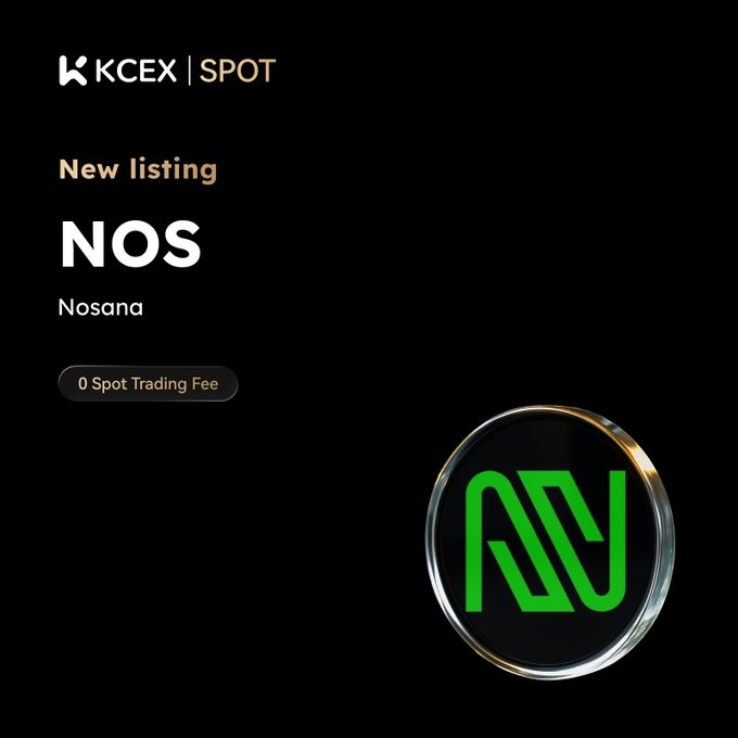 An ad for 'KCEX | SPOT' announces a 'New listing' for 'NOS Nosana', highlighting '0 Spot Trading Fee' alongside a 3D rendered green and black NOS coin logo.