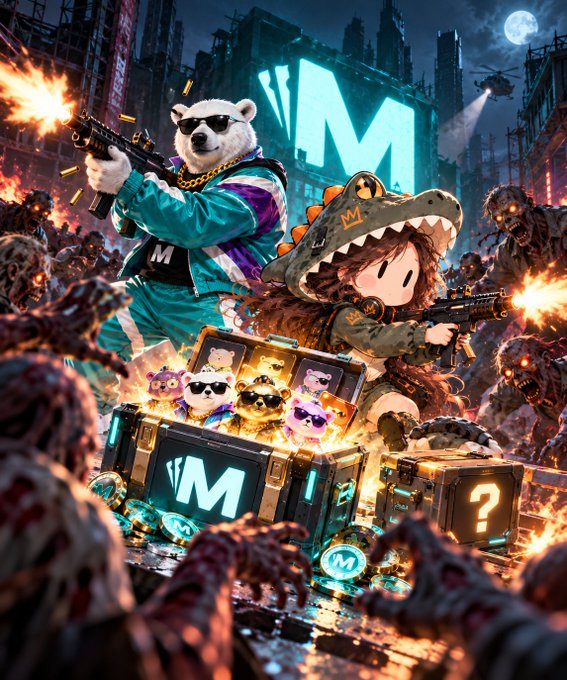 A vibrant action illustration showing two characters—a bear in sunglasses and a girl in a dinosaur hoodie—firing weapons in a zombie-infested city, standing on crates marked with the 'M' logo and surrounded by coins and treasure.