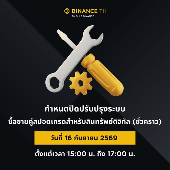 A Binance TH maintenance notification in Thai for 'กำหนดปิดปรับปรุงระบบ' on September 16, 2569, from 15:00 to 17:00, featuring icons of a wrench, screwdriver, and gear.