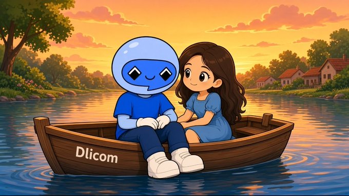 A charming cartoon-style image depicts a blue robot-like character with sparkly eyes and a smiling girl in a blue dress sitting together in a wooden rowboat on a calm river at sunset, with the name "Dlicom" displayed on the side of the boat—perfectly matching the post's caption about enjoying a peaceful evening journey together with Dlicom.