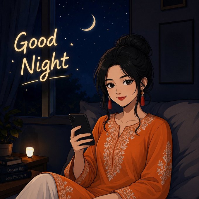 An illustrated anime-style image of a woman in an orange embroidered tunic holding a phone at night, with 'Good Night' written beside a crescent moon window view.
