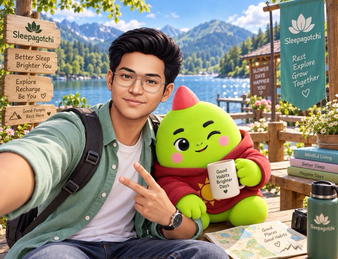 A digital illustration shows a young man with glasses taking a selfie alongside a cute green blob-like mascot in a red hoodie holding a "Good Habits Brighter Days" mug, with wooden signs reading "Sleepagotchi," "Better Sleep Brighter You," and "Explore Recharge Be You" set against a mountain lake backdrop.