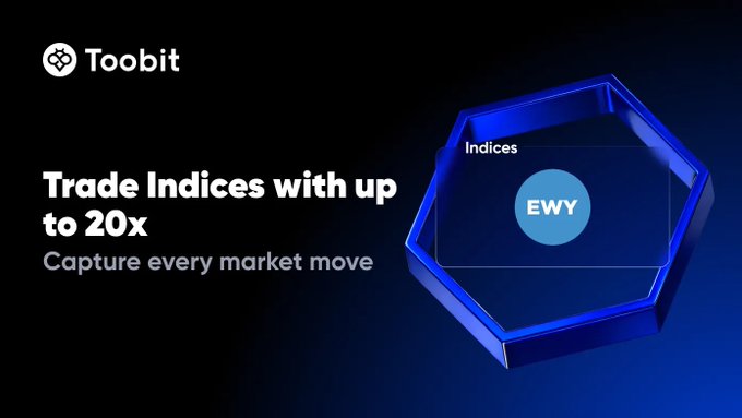 The image depicts a blue hexagon with a small circle at its center labeled "EWY" and an accompanying text that reads "Trade Indices with up to 20x leverage on #Toobit and capture every market move. Learn more bit.ly/3Q4AbBT". The image is set against a black background, with white text around it providing additional information about the trading activity.