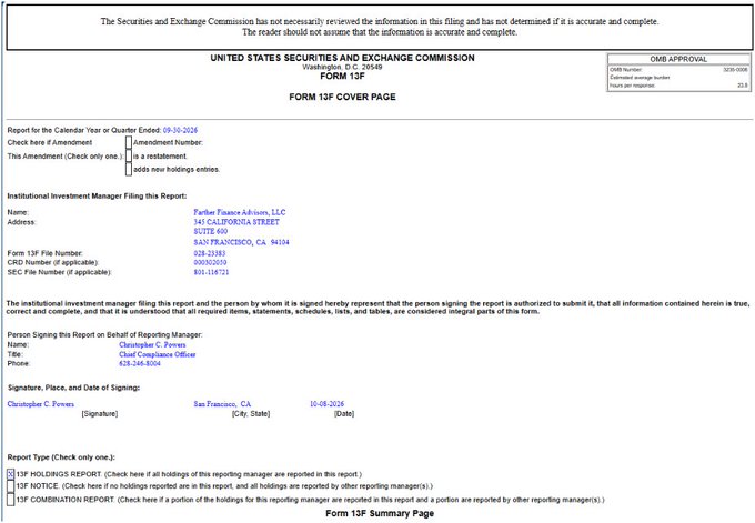 The image shows the SEC Form 13F Cover Page filed by Farther Finance Advisors, LLC (located at 141 California Street, Suite 600, San Francisco, CA) for the reporting period ending 09-30-2024, signed by Christopher C. Powers as Chief Compliance Officer on 10-08-2024. The filing supports the accompanying post's claim that Farther Finance Advisors has disclosed multiple XRP ETF holdings in their Q3 13F filing.