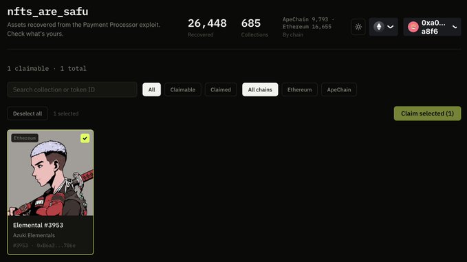A screenshot of an NFT recovery website showing 'nfts_are_safu' with 26,448 recovered assets and 685 collections, displaying an 'Elemental #3953' Azuki Elementals NFT ready to be claimed.