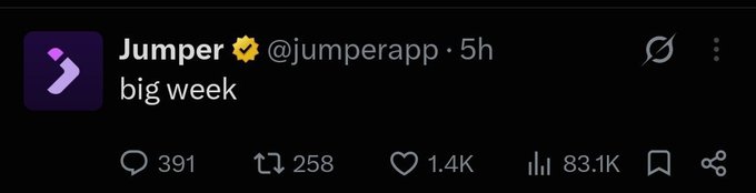 A screenshot of a tweet from @jumperapp that simply says "big week," which aligns with the announcement of the platform's highly anticipated Big Week event kicking off today, featuring 391 replies, 258 reposts, 1.4K likes, and 83.1K views.