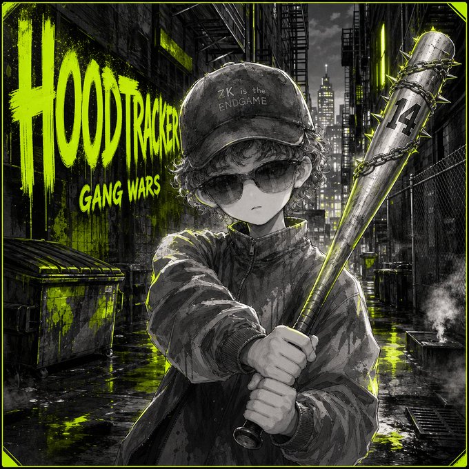 An anime-style album cover for "HOODTRACKER GANG WARS" featuring a child with a cap reading "ZK is the ENDGAME" holding a spiked bat marked "14" in a neon-green urban alleyway.