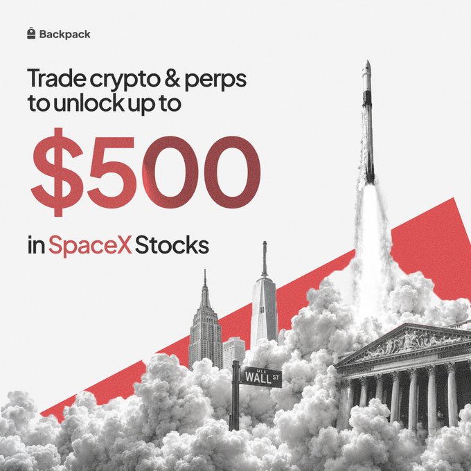 The image displays a poster with various buildings, including a building with the number $1,500 visible as well as "SpaceX" written in red letters. The primary focus of the image appears to be an advertisement for "SpaceX Stock". There is a rocket depicted in flight against these buildings and the sky, further emphasizing the connection between the rocket and space exploration. The text on the poster indicates that a trade can be made with crypto currency or perps up to $500 to unlink up to $1,500 through "Spacex Stocks", which seems to be related to a business centered around space travel or related innovations in the field of astronomy.