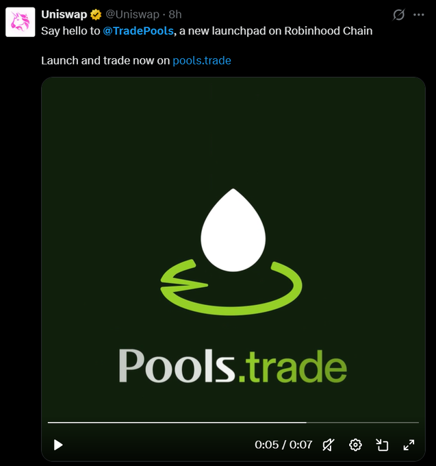 A tweet from Uniswap (@Uniswap) announcing TradePools, a new launchpad on Robinhood Chain, directing users to launch and trade on pools.trade, with the Pools.trade logo shown.