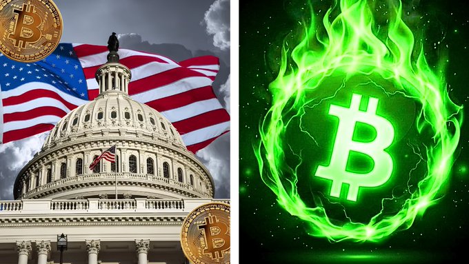 A split image: on the left, the U.S. Capitol building with an American flag and overlaid Bitcoin coins; on the right, a glowing green Bitcoin symbol surrounded by electric green flames against a dark background.