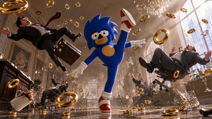 A scene from a Sonic the Hedgehog promotional image, featuring Sonic in the center while men in suits are thrown through the air amidst flying golden rings in an opulent room.