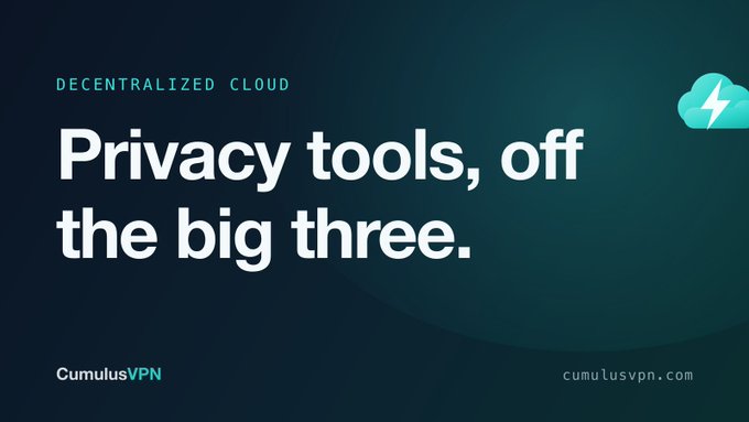 An advertisement for CumulusVPN with the text 'DECENTRALIZED CLOUD' and 'Privacy tools, off the big three.' featuring a lightning cloud logo.
