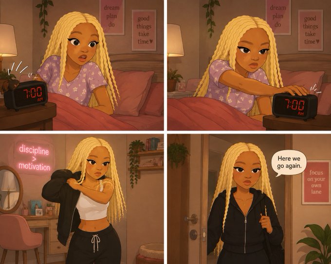 A four-panel illustration of a blonde woman waking up at 7:00 AM, getting dressed in workout attire with motivational text including 'discipline × motivation', and saying 'Here we go again.'