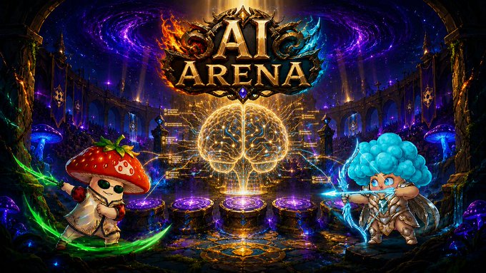 A promotional banner for 'AI Arena' featuring two fantasy characters—a mushroom-headed warrior and a blue-haired spellcaster—facing off in a magical, glowing arena.