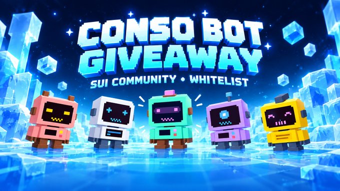 A vibrant blue promotional graphic reads 'CONSO BOT GIVEAWAY' with the text 'SUI COMMUNITY • WHITELIST' and features five colorful, blocky robot characters.