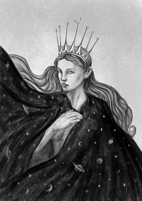 A black and white illustration of a woman wearing a spiked crown, with her long hair flowing around her, draped in a dark cloak decorated with stars, planets, and moons.