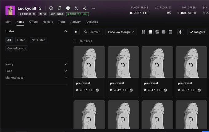 The image shows a Luckycall NFT collection page on Ethereum with 30 items, displaying a "pre-reveal" status, floor price of 0.0037 ETH, and top offer of 0.001 WETH, with each mystery item priced between 0.0037-0.0067 ETH. This relates to the post by suggesting the collection can be skipped due to its low and close-to-floor prices, indicating it's not a worthwhile investment barring sudden high demand.