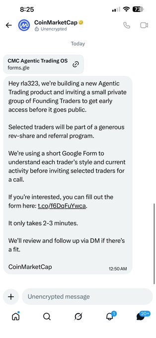 The image shows an open smartphone screen displaying a chat message from someone named @CoinMarketCap. They have sent this message via email, text, or a social media platform like Facebook Messenger. The message warns against clicking any links that might be part of a scam, as it may lead to compromised accounts and potential financial loss. The conversation also includes the use of terms like "building agents" and "@formula". It is important for the person receiving this message to pay attention to its contents and take appropriate action to protect themselves from any online threats or phishing attempts.