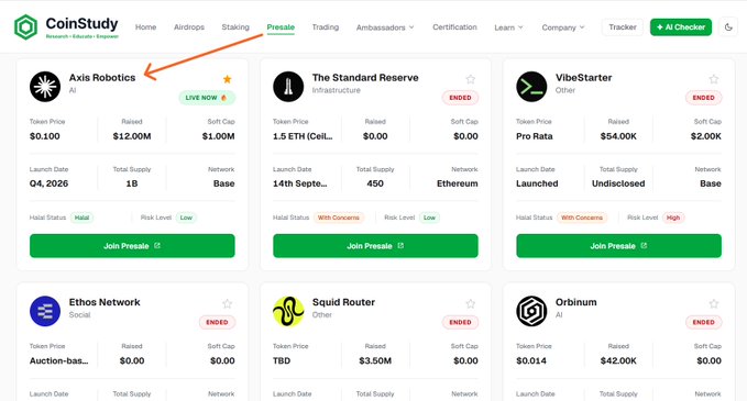 A screenshot of the CoinStudy website showing a presale listing, with an arrow pointing to 'Axis Robotics' priced at $0.100.