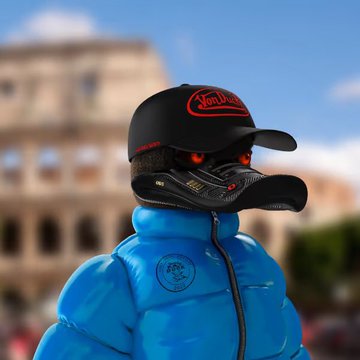 A figure wearing a blue puffer jacket and a black cap with red 'Von Dutch' lettering stands in front of the Roman Colosseum, with glowing red eyes visible beneath the brim.