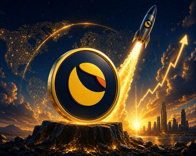 The image features a rocket with a blue, yellow, and orange color scheme soaring above a cityscape at night, and a small golden coin placed atop one of the rock-like structures in front of this flying spectacle. The backdrop of the image is filled with a stunning sunset over a city under the dark sky, creating an artistic and futuristic atmosphere. The post reads "What if $LUNC rides to $10 #Lunc", implying that the rocket depicted in the image could potentially take the unicorn to new heights.