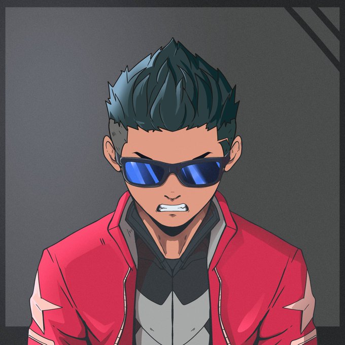 A digital illustration of an anime-style young man with spiky black hair wearing blue reflective sunglasses and a red jacket, showing an angry expression.