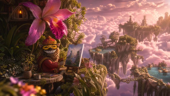 The image features a cartoon character, possibly a monkey or an elephant, sitting at a table with a painting of a beautiful landscape behind them. The scene includes a pink flower as well. The caption for the image reads "When I get a GM from a BEAR, it always hits different! BEAUTIFUL VISUALS when you look at any BEAR content! @BEAR_SWAP_XRPL @bearxrpl". This post seems to be promoting an art project or a cartoon character that is related to the image.