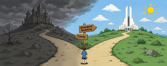 A young boy stands at a crossroads signpost pointing left toward a dark, stormy "Castle" and right toward a sunny "Standard Building," illustrating the post's message to pivot to @standard_rsv rather than stay on a doomed path.