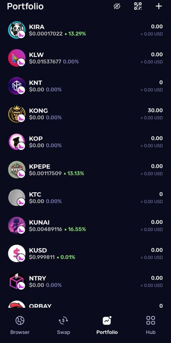 A mobile wallet portfolio screen listing various meme coins such as KIRA, KLW, KNT, KONG, KOP, KPEPE, KTC, and KUNAI with their respective prices and percentage changes.