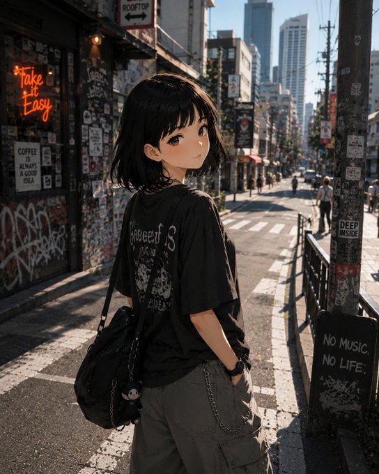 An anime-style illustration of a dark-haired girl wearing a black graphic t-shirt, standing on a Tokyo-style street with a 'Take it Easy' neon sign and a 'No Music, No Life' sign visible.