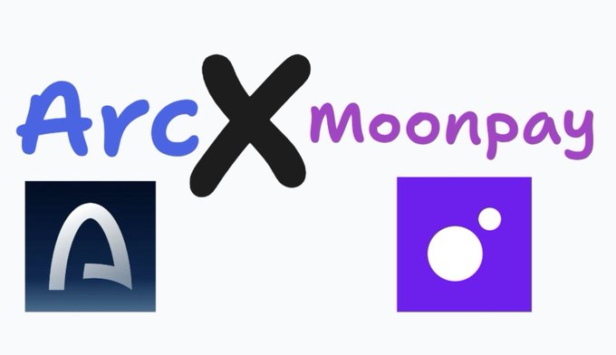 A graphic showing a partnership between ArcX and Moonpay, featuring the ArcX 'A' logo on the left and the Moonpay purple logo on the right, separated by a black 'X'.