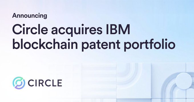 An announcement graphic from Circle featuring a blue gradient background with the headline "Circle acquires IBM blockchain patent portfolio" above the Circle logo, visually reinforcing the company's announcement of acquiring 680+ patent families and nearly 1,000 issued patents from IBM to become the leading U.S. blockchain patent holder.