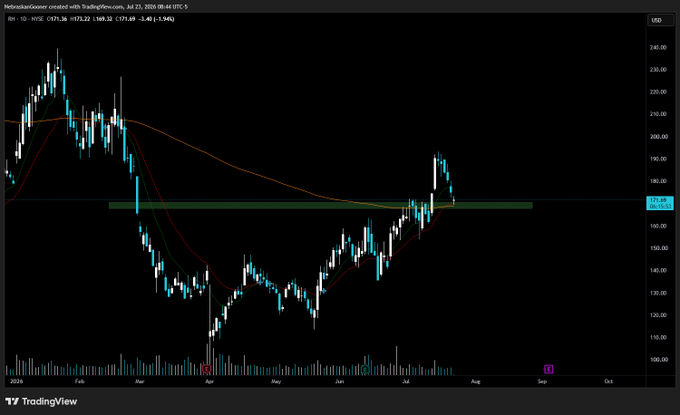 A TradingView candlestick chart of Robinhood (HOOD) with daily candles, showing a recent rally toward the $180 resistance zone before pulling back, with the 50-day moving average (169.52) and 200-day moving average (173.22) visible—illustrating the post's question about whether the move is a healthy throwback or just another fake breakout.