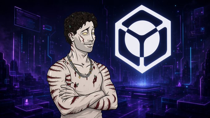 An illustrated figure of a bloodied man with crossed arms standing before a glowing hexagonal cube logo in a futuristic neon cityscape.