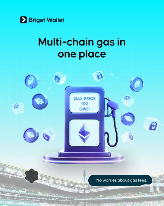 A promotional graphic for Bitget Wallet featuring a 3D-rendered gas pump displaying 'GAS PRICE 100 GWEI' with an Ethereum logo, surrounded by floating crypto coins and lock icons, with the headline 'Multi-chain gas in one place' and tagline 'No worries about gas fees.'