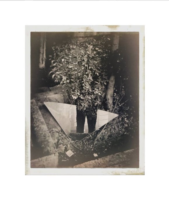 A vintage sepia-toned photograph of a bush of leaves in a garden, creatively framed by a triangular mirror placed on the ground that reflects the person's legs.