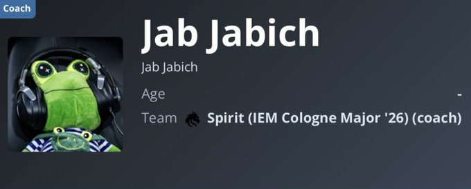 A coach profile page for 'Jab Jabich' showing a green frog avatar wearing headphones, associated with Team Spirit for IEM Cologne Major '26.