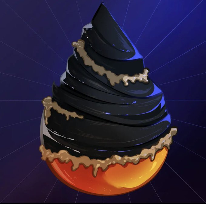 A digital illustration of a swirled chocolate soft-serve ice cream with dripping caramel sauce sitting atop an orange base against a dark blue background with light rays.