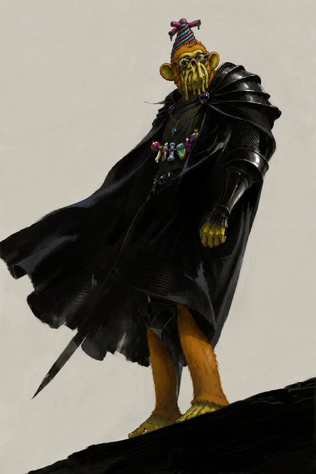 The image features a cartoon character, possibly a monkey or an elephant-like creature with human-like features, standing on top of a cliff wearing a black outfit and a hat. The character appears to be in a fighting stance, holding a sword in its right hand. The background is white, which contrasts with the dark colors of the character's attire. There are no texts or other objects present in the image.