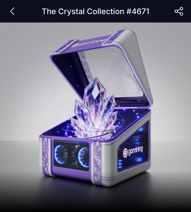 A digital artwork titled 'The Crystal Collection #4671' depicting a futuristic purple and silver box containing glowing crystals.