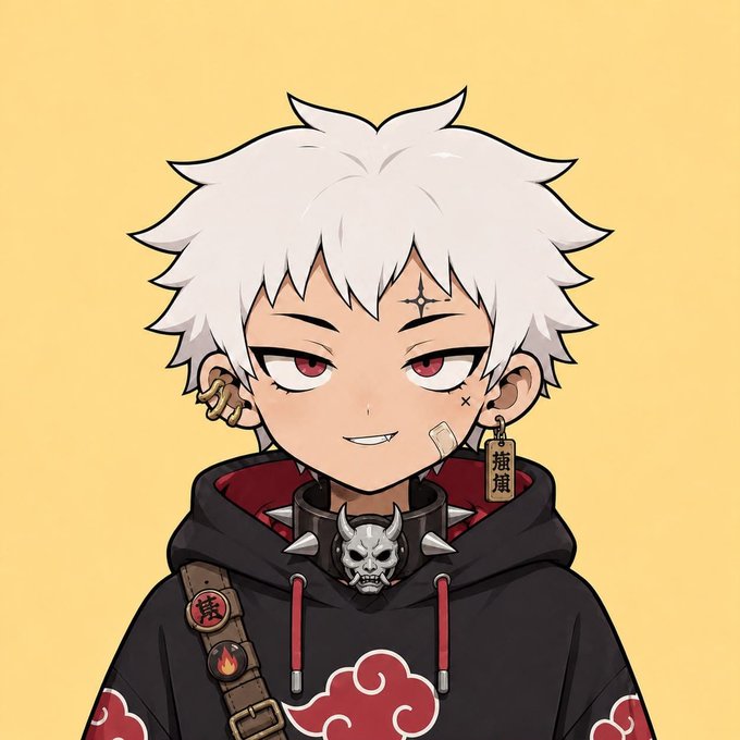 A chibi-style anime illustration of a white-haired character with red eyes wearing a black hoodie featuring red cloud patterns, a spiked choker, and earrings with Asian characters.