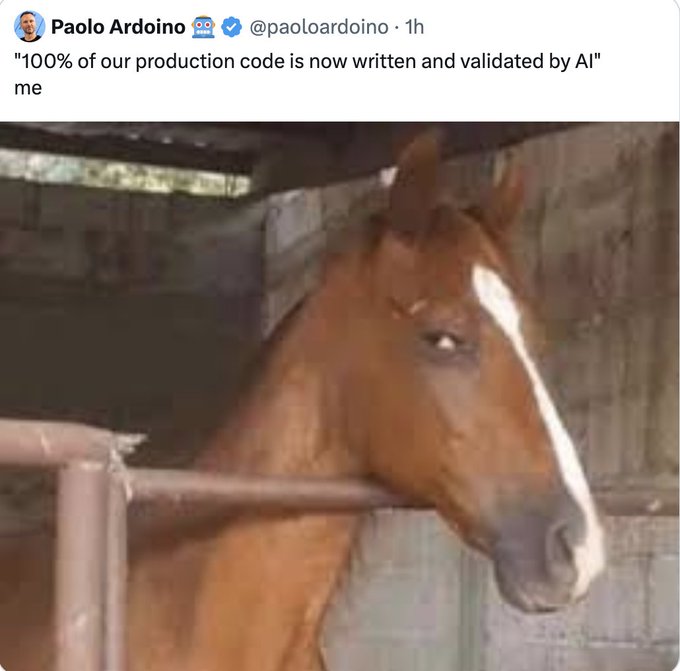 A tweet from Paolo Ardoino (@paoloardoino) reading '100% of our production code is now written and validated by AI', with the word 'AI' crossed out and replaced by 'me', paired with an image of a horse looking unimpressed.