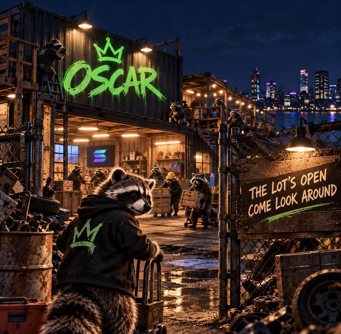 Anime raccoons operate a gritty urban lot at night under a neon green sign reading 'OSCAR' with a crown, while a sign reads 'THE LOT'S OPEN COME LOOK AROUND' against a city skyline.
