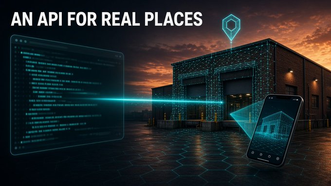 A promotional banner says “AN API FOR REAL PLACES” over a futuristic building, glowing location icons, a code panel, and a smartphone.