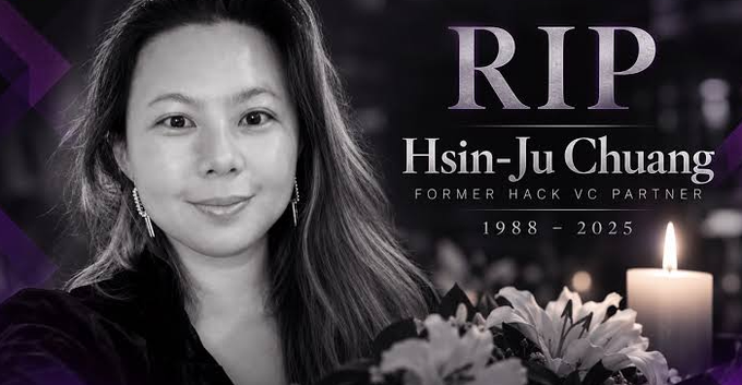 A memorial tribute featuring a black-and-white photo of a woman with text 'RIP Hsin-Ju Chuang FORMER HACK VC PARTNER 1988 – 2025' alongside a candle and flowers.