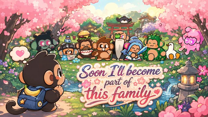 A colorful cartoon illustration featuring various cute characters in a cherry blossom garden with the text 'Soon I'll become part of this family'.