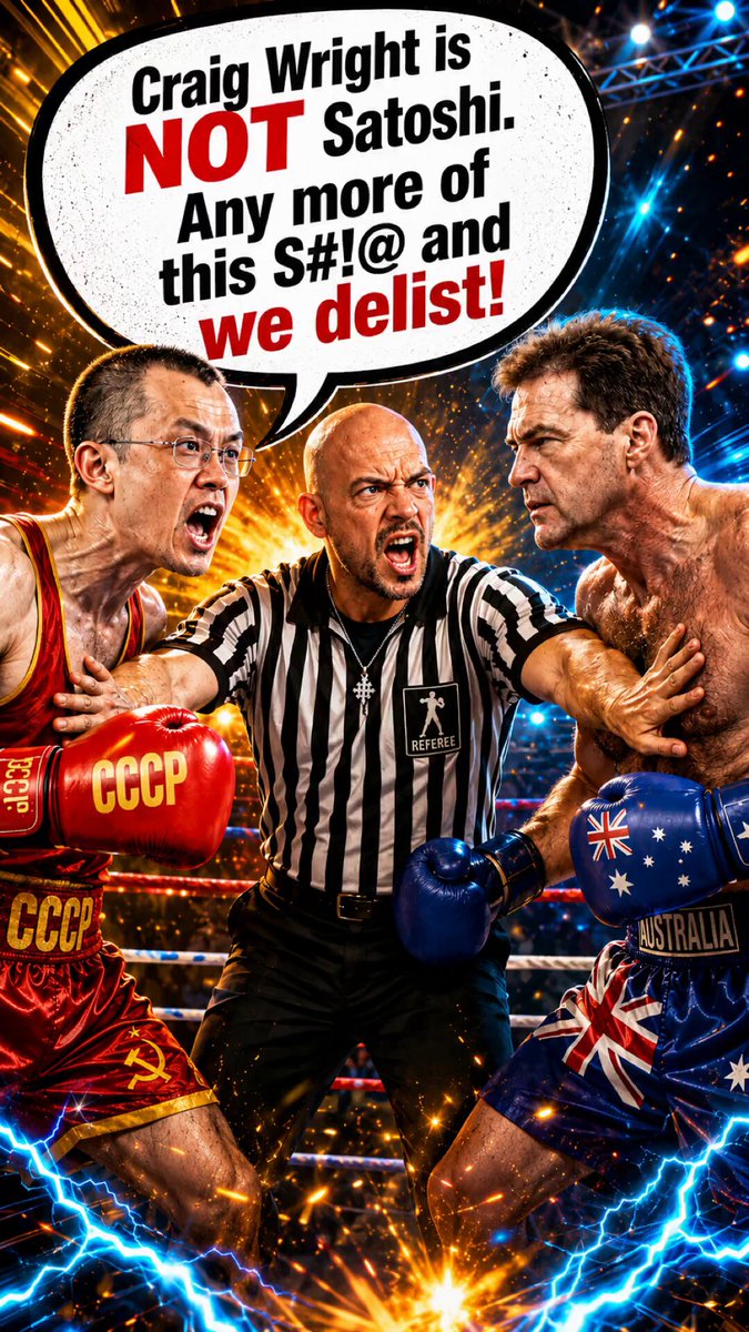 The image features a poster with three men wearing boxing gloves, two of them holding red gloves while one has blue gloves. The poster also includes text that reads "Craig Wright is not Satsoshi. Any more of this? We delist!"