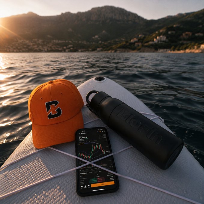 After a morning exercise session on the water, an orange cap, a black "Biolinn" water bottle, and a smartphone displaying stock charts rest on a paddleboard against a scenic sunrise backdrop. The image suggests a post-workout moment of checking markets while enjoying the calm of the lake.