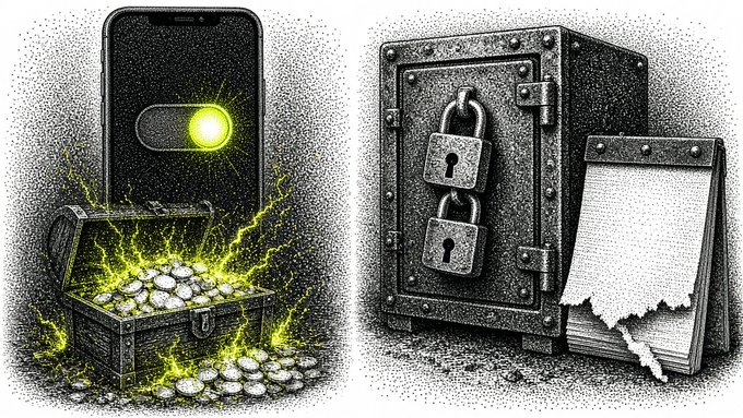 A split illustration showing a smartphone with a glowing green toggle switch next to a treasure chest overflowing with glowing gold coins on the left, contrasted with a heavily padlocked safe and a torn legal document on the right.